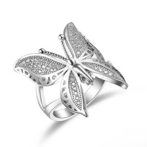 Silver Butterfly Ring Cubic Zirconia Adjustable